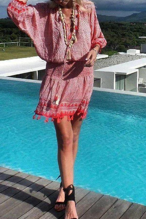 V-neck Elastic Waist Fringed Beach Dress