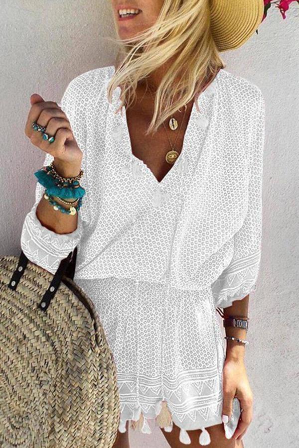 V-neck Elastic Waist Fringed Beach Dress