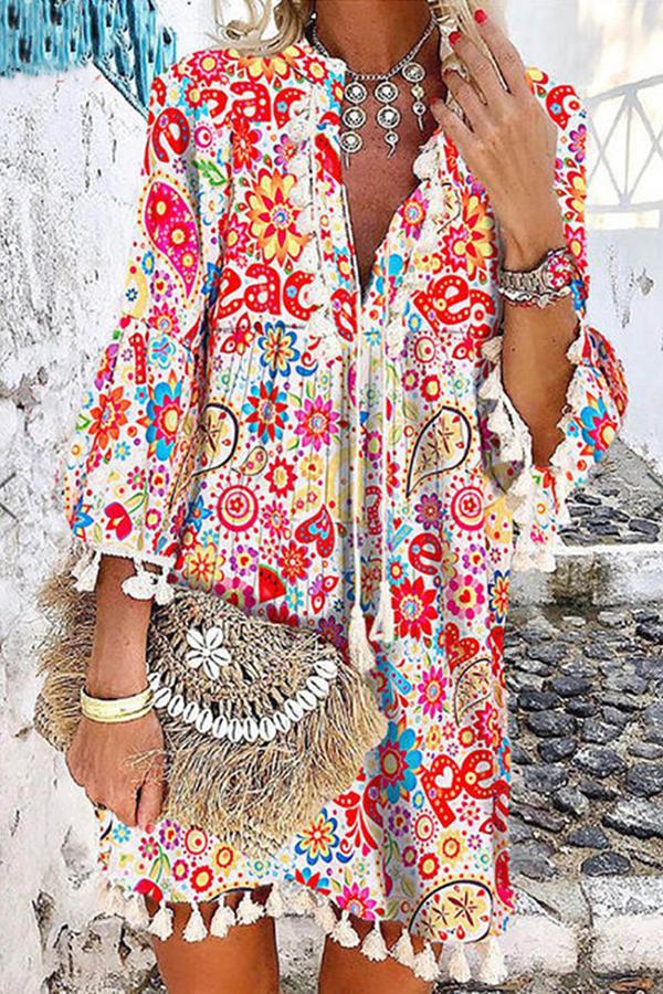 Color Printed V-neck Fringed Dress