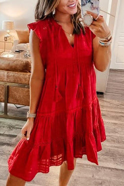 Loose A-line V-neck Fringe Lace Dress