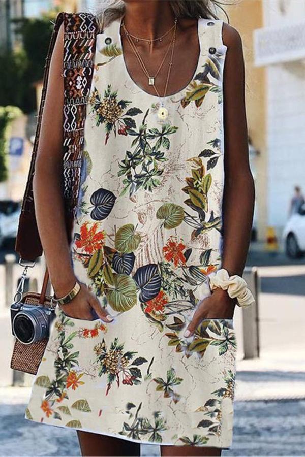 Vintage Floral Round Neck A-line Dress