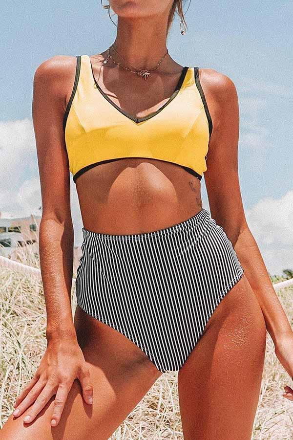 V-Neck High Waist Stripe Print Swimsuit