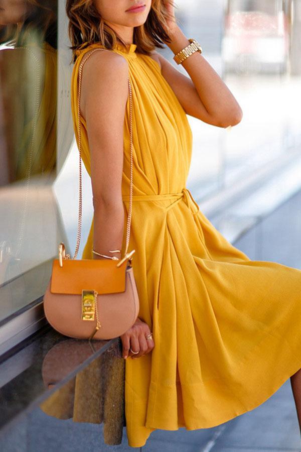 Solid Color Sleeveless Swing Midi Dress