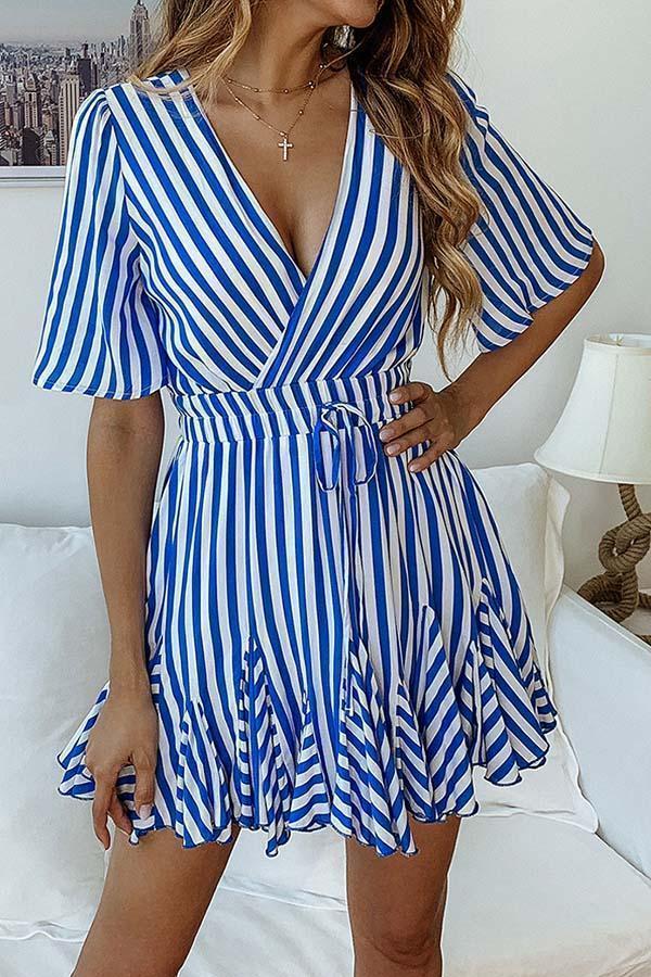 Printed Stripe Lace Short Sleeve Dress