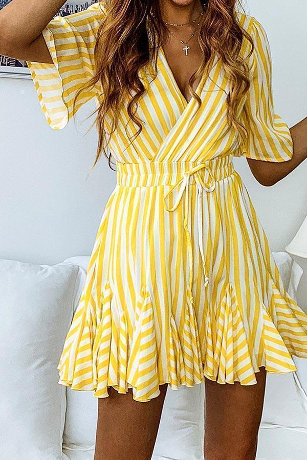 Printed Stripe Lace Short Sleeve Dress