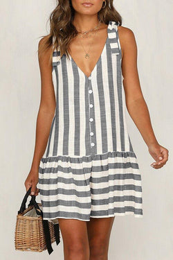 Sleeveless Striped Button Panel Dress