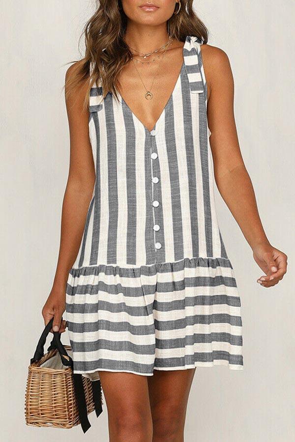 Sleeveless Striped Button Panel Dress