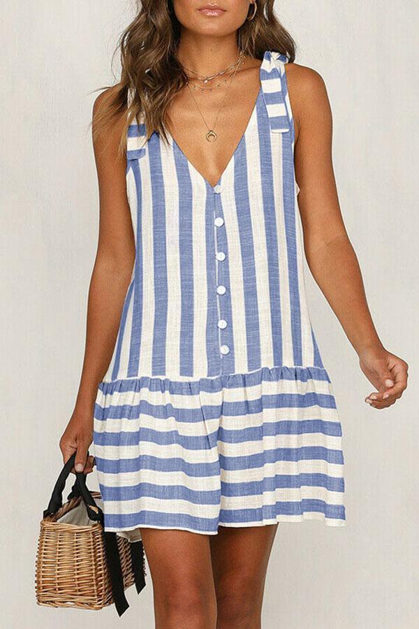 Sleeveless Striped Button Panel Dress