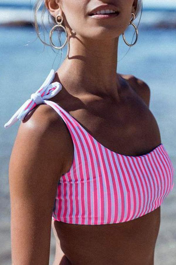 One Shoulder Knot Striped Bikini Swimsuit