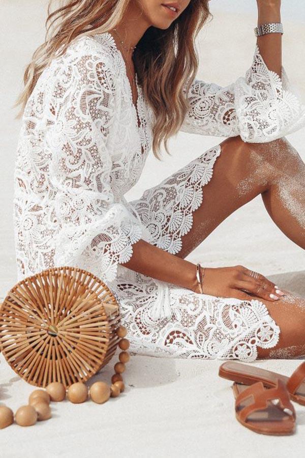 Lace Sheer V-neck Long Sleeve Beach Dress