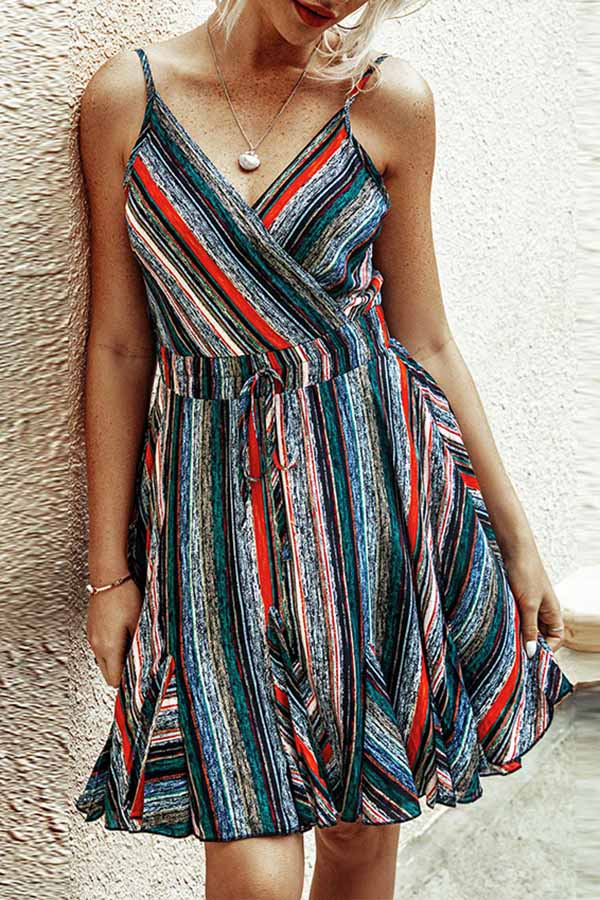 Rainbow Striped V-neck Camisole Dress