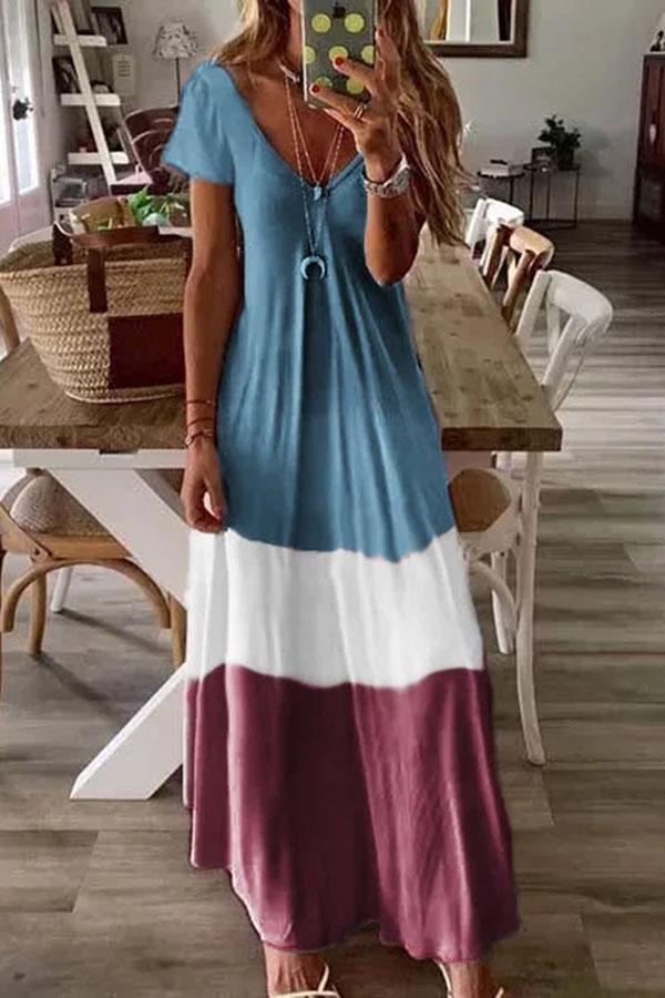 Bohemian Color Block Short Sleeve Long Dress