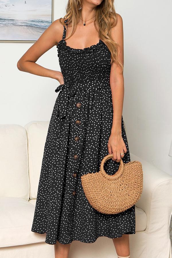 Polka Dot Sleeveless Dress(With Buttons)