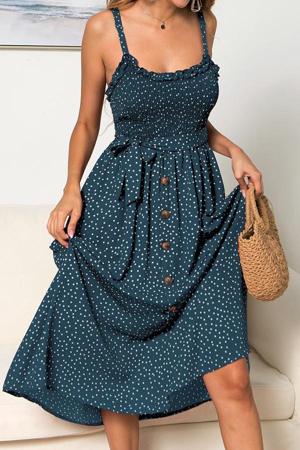 Polka Dot Sleeveless Dress(With Buttons)