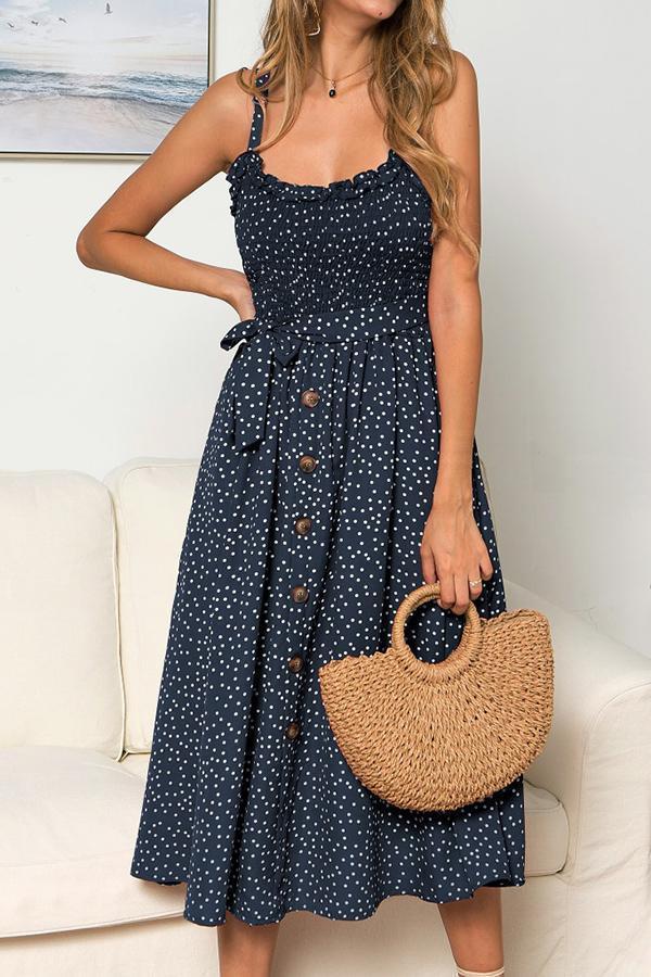 Polka Dot Sleeveless Dress(With Buttons)