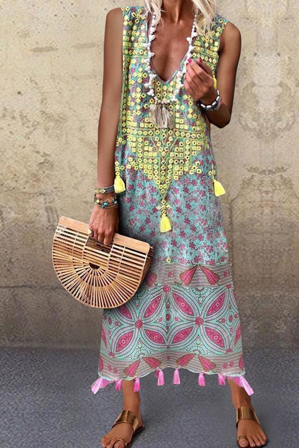 Bohemian Sleeveless V-neck Dress