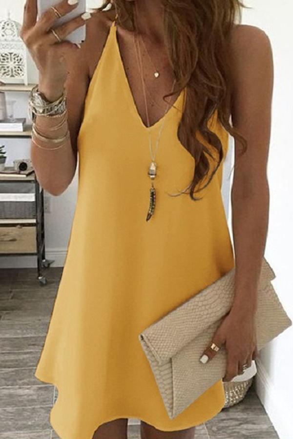 Basic Solid Color Sleeveless V-neck Dress