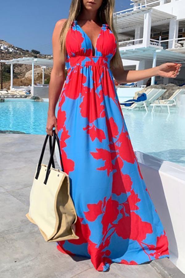 Formal V-neck Printed Long Dress