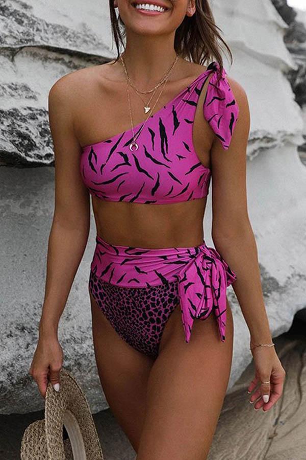 One Shoulder Leopard Print Two-piece Swimsuit