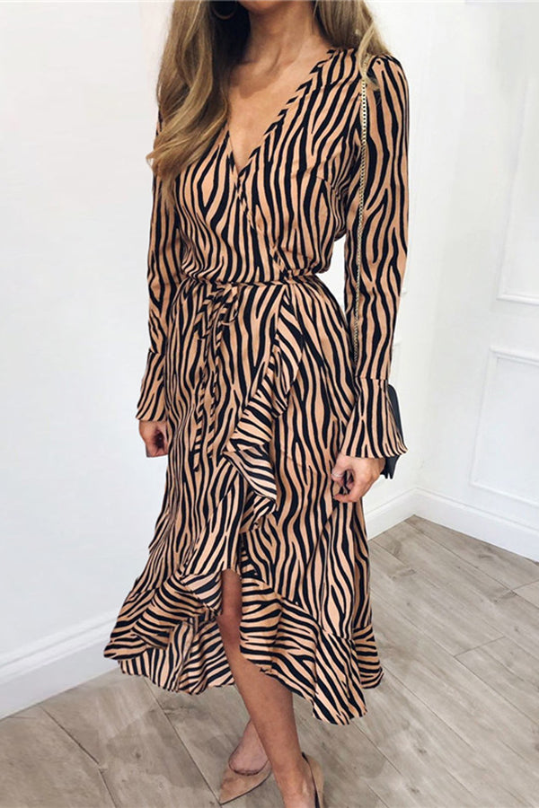 Sexy V-neck Tiger Print Long Sleeve Chiffon Dress