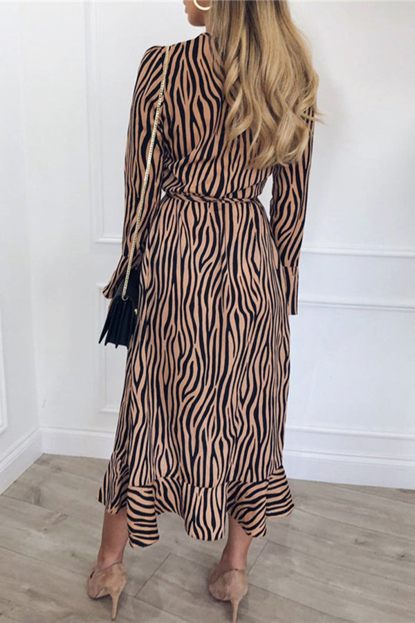 Sexy V-neck Tiger Print Long Sleeve Chiffon Dress