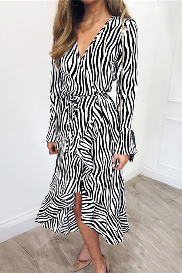 Sexy V-neck Tiger Print Long Sleeve Chiffon Dress