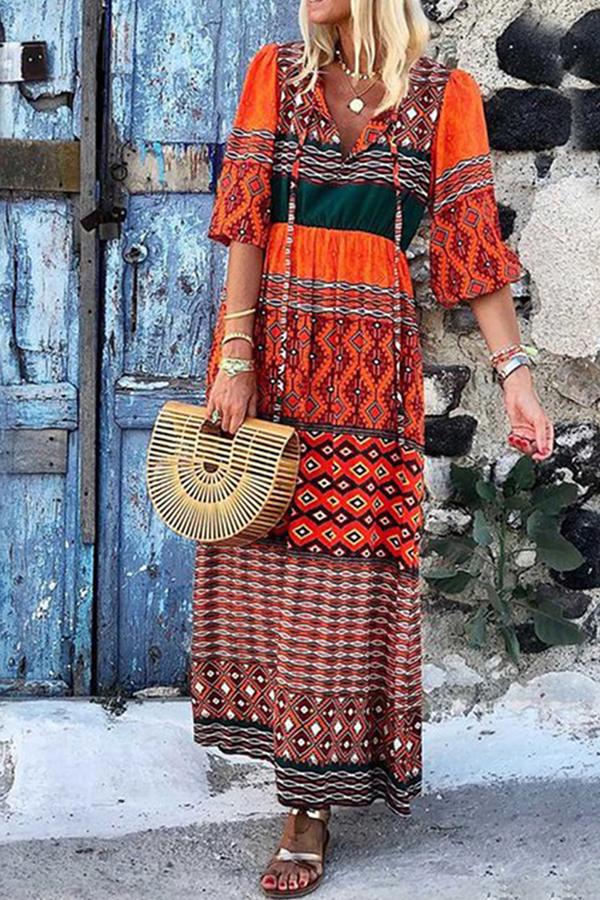 Fashionable V-neck Bohemian Loose Printed Dress