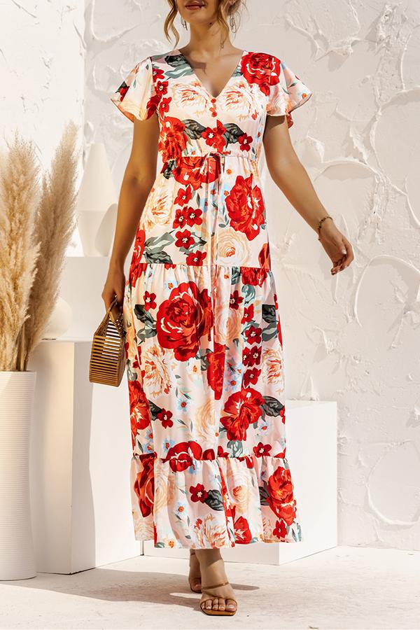 V-neck Floral Print Maxi Dress