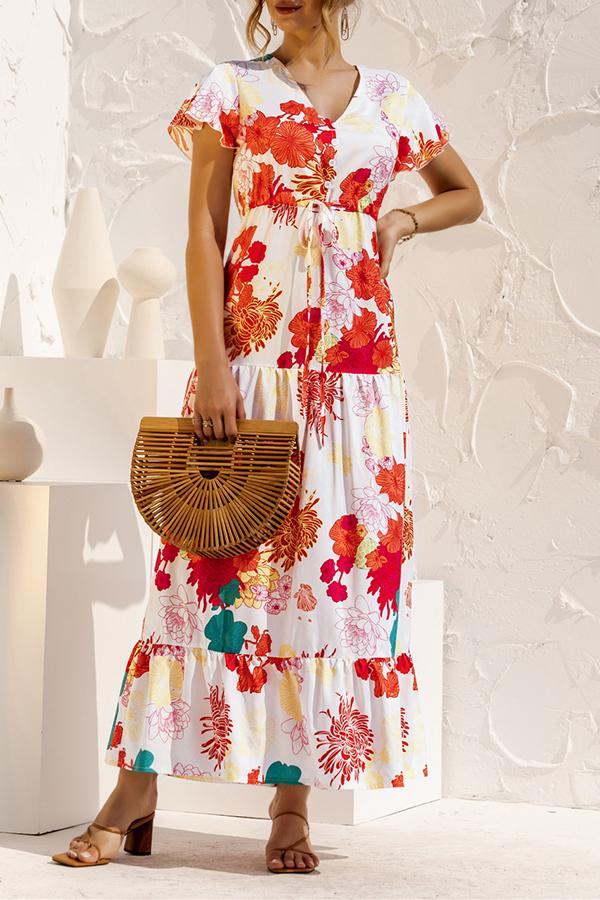 V-neck Floral Print Maxi Dress