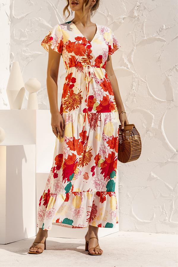 V-neck Floral Print Maxi Dress