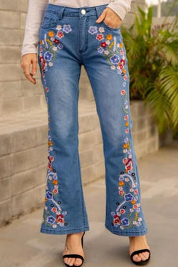 Embroidered Slim Fit Slim Wash Flare Jeans