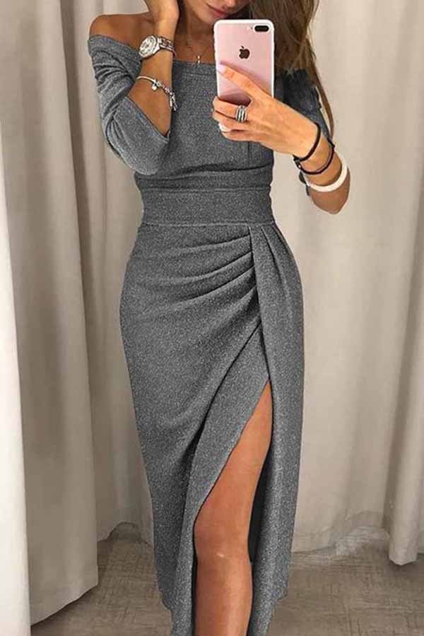 Florcoo Wrap Hip Slit Collar Maxi Dresses