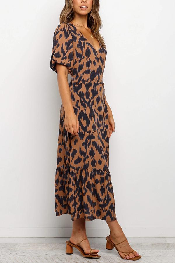 V-neck Lace-up Temperament Leopard Print Long Dress