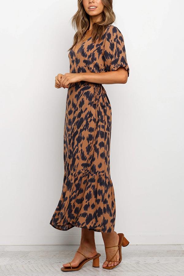 V-neck Lace-up Temperament Leopard Print Long Dress