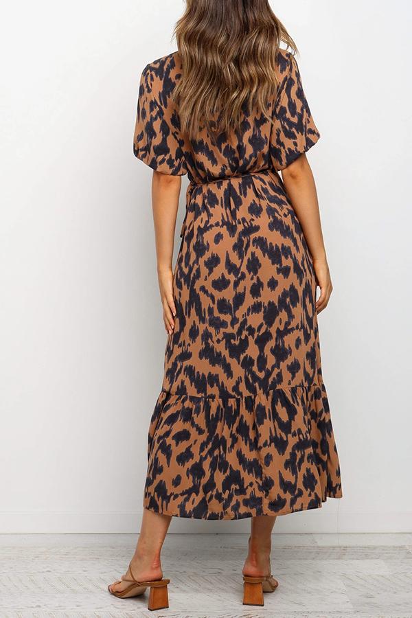 V-neck Lace-up Temperament Leopard Print Long Dress