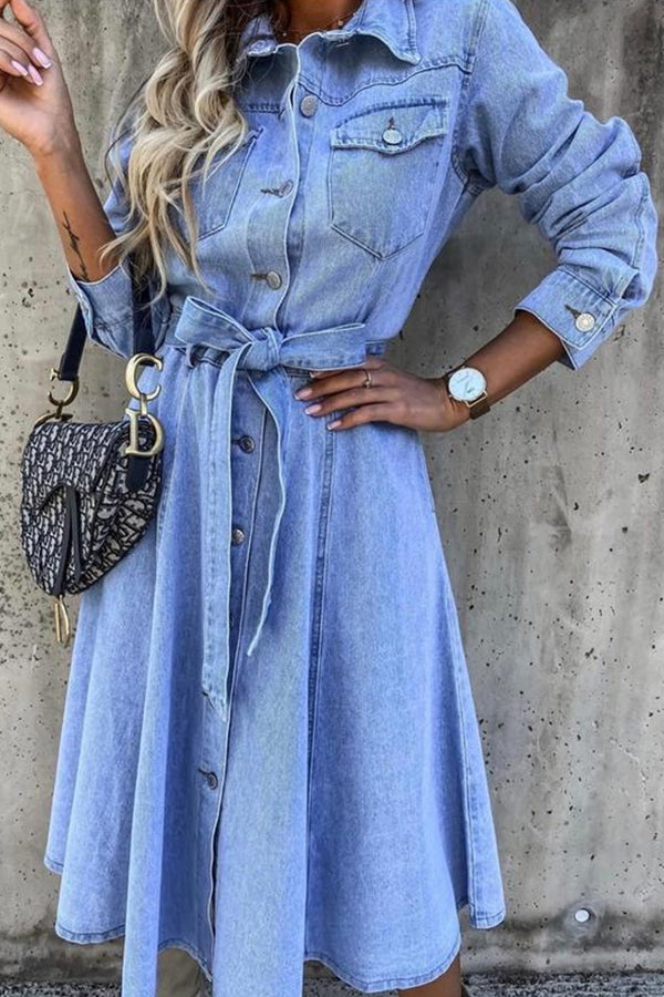 Denim Casual High Waist Pocket Lapel Dress