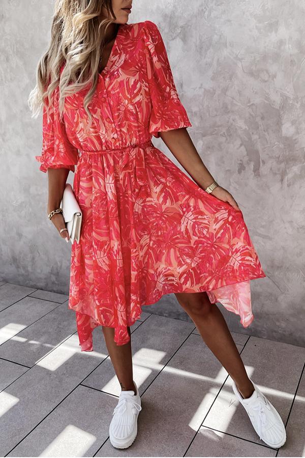 Red Print Short Sleeve Midi Dress