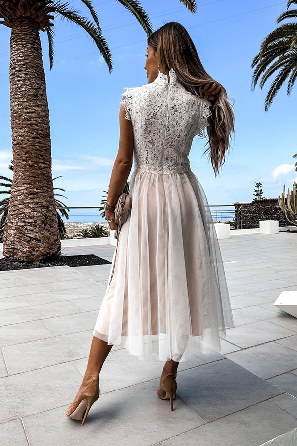 Playful Lace Mesh Stitching Sleeveless Midi Dress