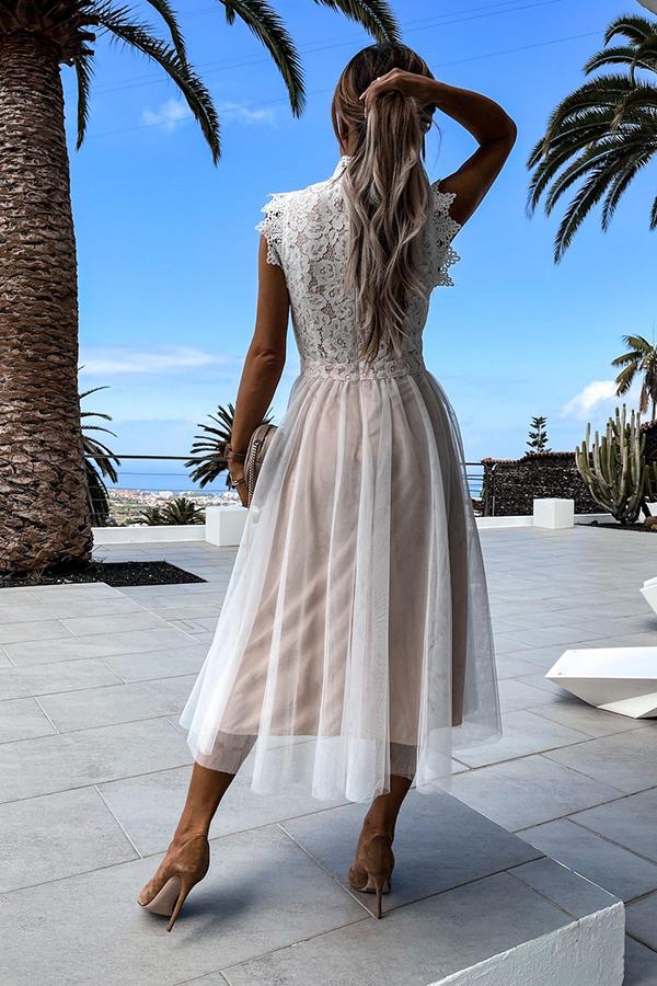 Playful Lace Stitching Mesh Sleeveless Midi Dress