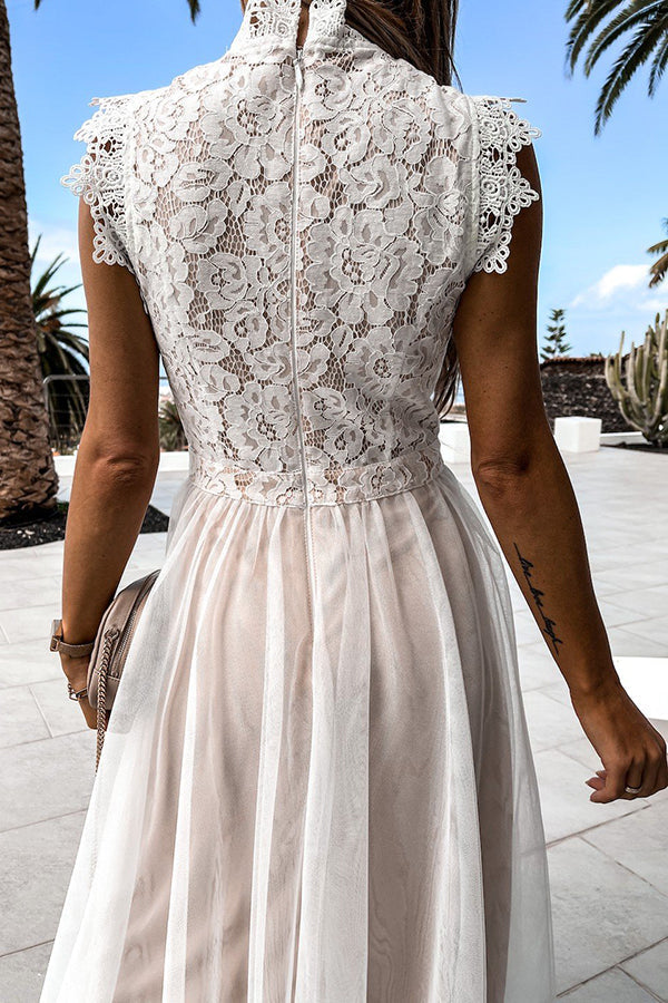 Playful Lace Mesh Stitching Sleeveless Midi Dress