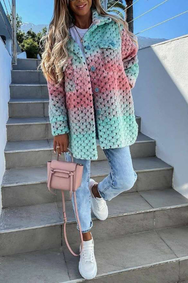 Rainbow Color Woolen-Blend Braided Coat