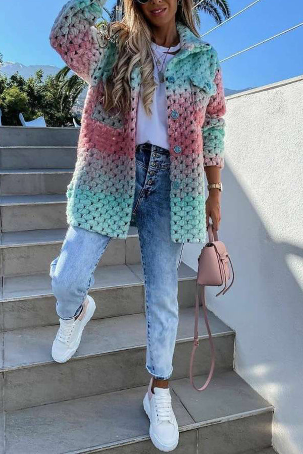 Rainbow Color Woolen-Blend Braided Coat