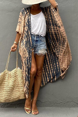 Tie-Dye Print Pocket Front Irregular Hem Long Kimono Coat