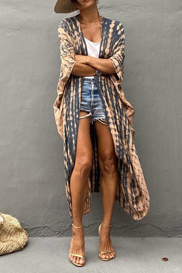 Tie-Dye Print Pocket Front Irregular Hem Long Kimono Coat