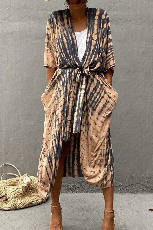 Tie-Dye Print Pocket Front Irregular Hem Long Kimono Coat