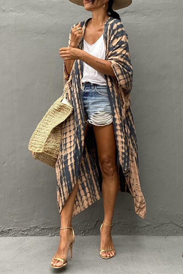 Tie-Dye Print Pocket Front Irregular Hem Long Kimono Coat