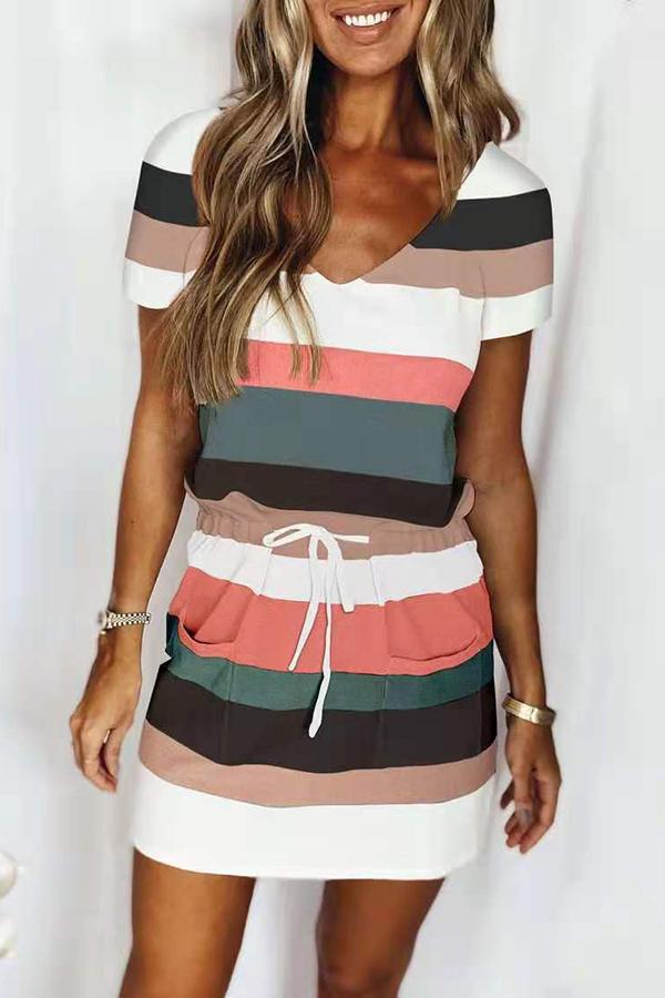 Casual Colorful Striped Lace-up Mini Dress