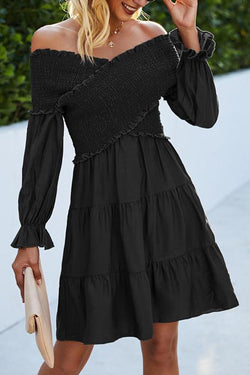 Off-shoulder Wrapped Chest Stitching Mid-length Dress