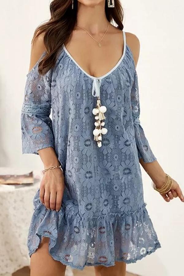 Flared Sleeve Mid-length Casual Lace Dress