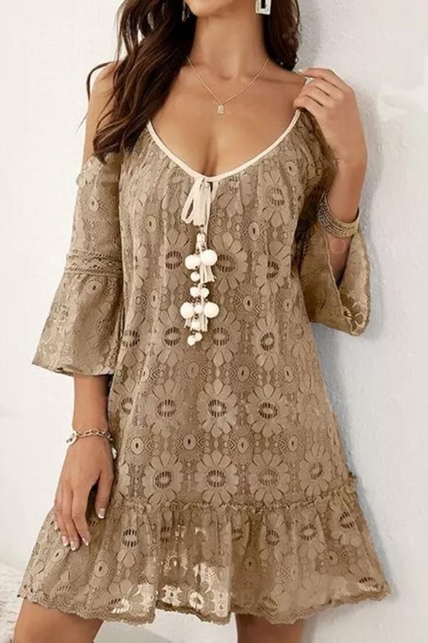 Flared Sleeve Mid-length Casual Lace Dress